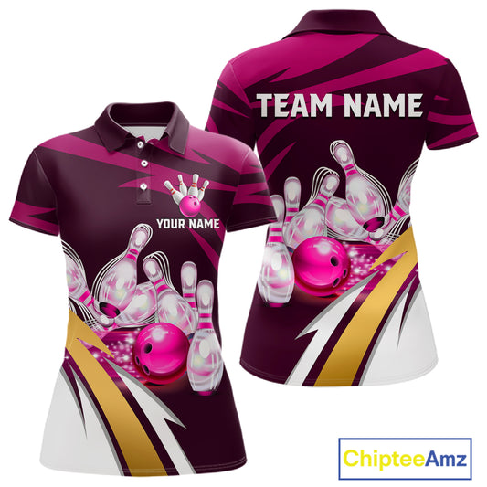 Personalized pink strike ball bowling team jersey polo shirt for women featuring a vibrant pink strike bowling ball design, premium custom bowling league apparel.
