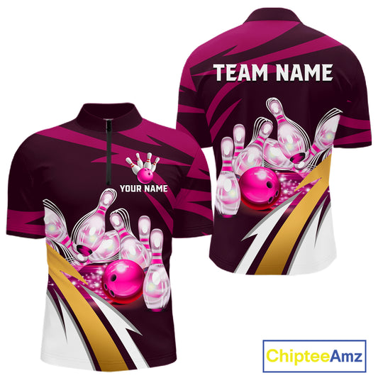 Personalized pink strike ball bowling team jersey quarter zip shirt for men featuring pink strike bowling ball artwork, premium custom bowling apparel.