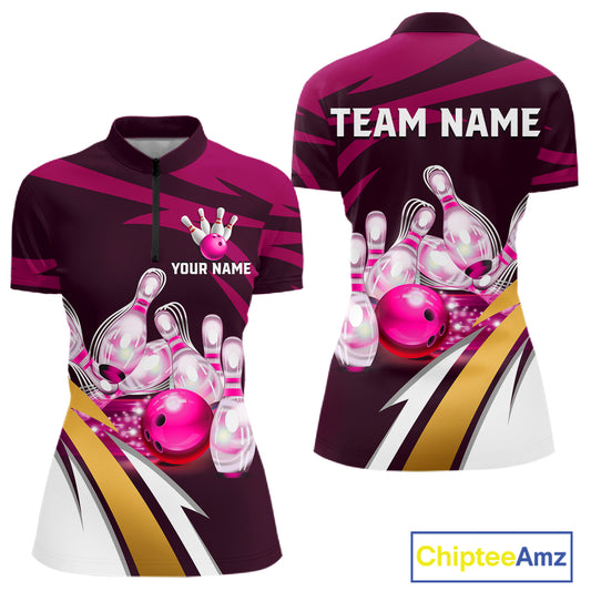 Personalized pink strike ball bowling team jersey quarter zip shirt for women featuring pink strike bowling ball artwork, premium custom bowling apparel.