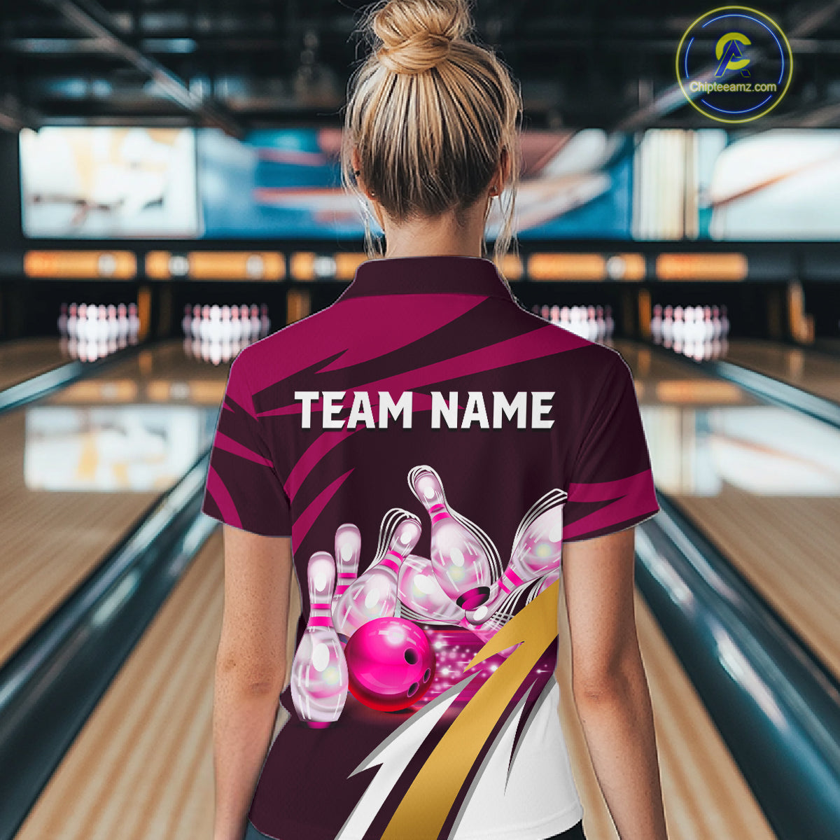 Woman wearing personalized pink strike ball bowling team jersey polo shirt featuring pink strike ball artwork, back view.