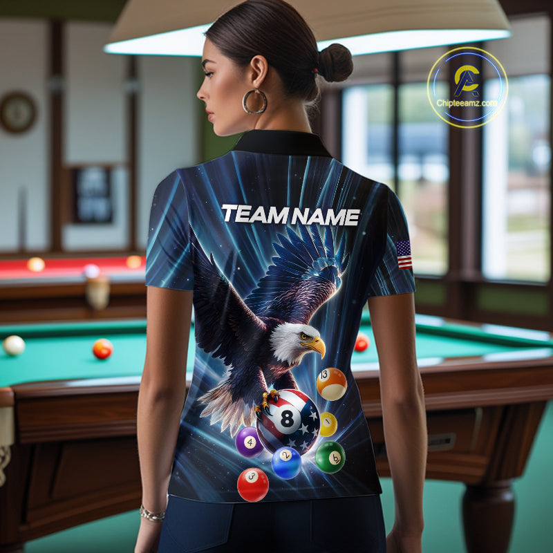 Blue 8 Ball US Flag Eagle Lightning Billiard Shirt For Women Custom Pool Team Jersey Polo & 1/4 Zip TDM5375