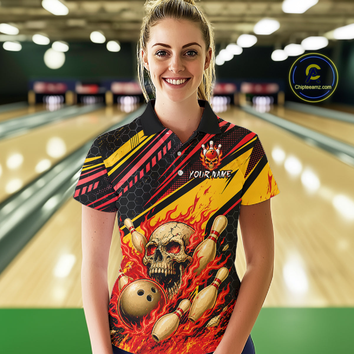 Red & Yellow Flaming Skull Bowling Jersey For Women Custom Bowling League Shirts Team Polo & 1/4 Zip TDM6476