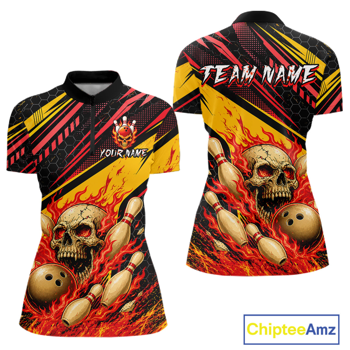 Red & Yellow Flaming Skull Bowling Jersey For Women Custom Bowling League Shirts Team Polo & 1/4 Zip TDM6476