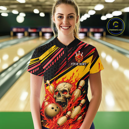 Red & Yellow Flaming Skull Bowling Jersey For Women Custom Bowling League Shirts Team Polo & 1/4 Zip TDM6476