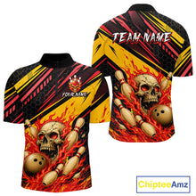 Load image into Gallery viewer, Red &amp; Yellow Flaming Skull Bowling Jersey For Men Custom Bowling League Shirts Team Polo &amp; 1/4 Zip TDM6476