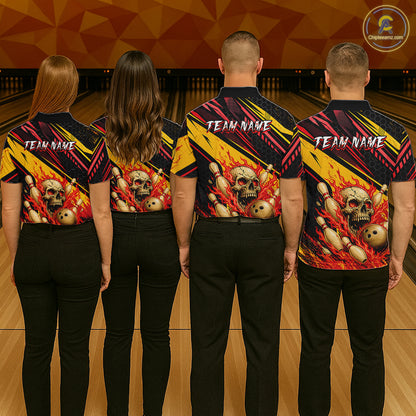 Red & Yellow Flaming Skull Bowling Jersey For Men Custom Bowling League Shirts Team Polo & 1/4 Zip TDM6476
