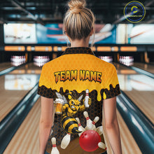 Load image into Gallery viewer, Female model wearing the Black and Yellow Funny Bee Beer Bowling polo shirt featuring bold yellow hexagon bowling graphics, back view