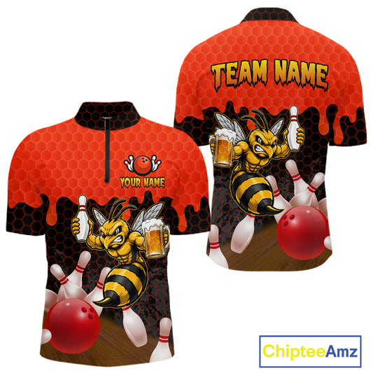Black and Red Funny Bee Beer Bowling quarter zip bowling shirt featuring a funny bee, beer mug and bold black and red hexagon design for men
