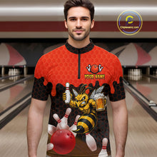 Load image into Gallery viewer, Male model wearing the Black and Red Funny Bee Beer Bowling quarter zip shirt with funny bee and beer themed bowling artwork, front view