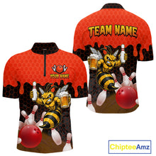 Load image into Gallery viewer, Black and Red Funny Bee Beer Bowling quarter zip bowling shirt featuring a funny bee, beer mug and bold black and red hexagon design for men