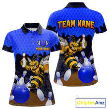 Load image into Gallery viewer, Black and Blue Funny Bee Beer Bowling Shirt design featuring a funny bee holding a beer mug with black, blue and hexagon pattern on a custom polo bowling shirt for women