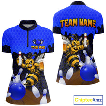 Load image into Gallery viewer, Black and Blue Funny Bee Beer Bowling quarter zip bowling shirt featuring a funny bee, beer mug and bold black and blue hexagon design for women