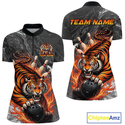 Personalized Flame Tiger Bowling Shirt For Women Custom Bowling League Team Jersey Polo & 1/4 Zip TDM6295
