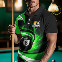 Load image into Gallery viewer, Man wearing black and green 8 ball and 9 ball pool billiard team jersey polo shirt featuring bold black and green graphics, front view.