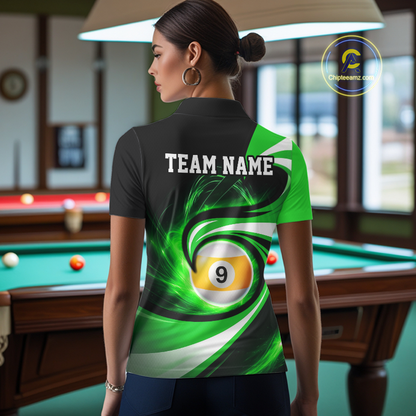 Woman wearing black and green 8 ball and 9 ball pool billiard team jersey polo shirt featuring bold black and green graphics, back view.