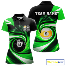 Load image into Gallery viewer, Black and green 8 ball and 9 ball pool billiard team jersey polo shirt for women featuring bold black and green graphics, premium custom pool league apparel for tournaments, league competition and team events.
