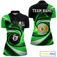 Load image into Gallery viewer, Black and green 8 ball and 9 ball pool billiard team jersey quarter zip shirt for women featuring premium black and green artwork, custom billiard league apparel for competitive players.