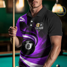 Load image into Gallery viewer, Man wearing black and purple 8 ball and 9 ball pool billiard team jersey polo shirt featuring bold black and purple graphics, front view.