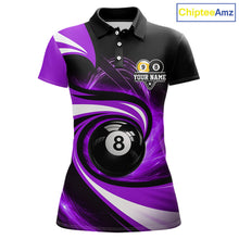 Load image into Gallery viewer, Black and purple 8 ball and 9 ball pool billiard team jersey polo shirt for women featuring bold black and purple graphics, premium custom pool league apparel for tournaments, league play and competitive billiard teams.