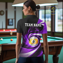 Load image into Gallery viewer, Woman wearing black and purple 8 ball and 9 ball pool billiard team jersey polo shirt featuring bold black and purple graphics, back view.