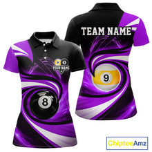 Load image into Gallery viewer, Black and purple 8 ball and 9 ball pool billiard team jersey polo shirt for women featuring bold black and purple graphics, premium custom pool league apparel for tournaments, league play and competitive billiard teams.