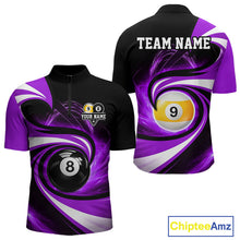 Load image into Gallery viewer, Black and purple 8 ball and 9 ball pool billiard team jersey quarter zip shirt for men featuring premium black and purple artwork, custom pool league apparel for serious billiard players.