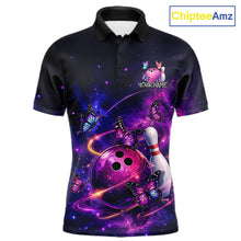 Load image into Gallery viewer, Pink And Purple Butterfly Bowling Shirt For Men Custom Glowing Bowling Jersey Polo &amp; 1/4 Zip TDM6320