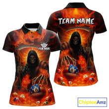 Load image into Gallery viewer, Orange Fire Flame US Flag Grim Reaper Women&#39;s Billiards Shirts Custom 8 Ball Pool Team Jersey TDM5200
