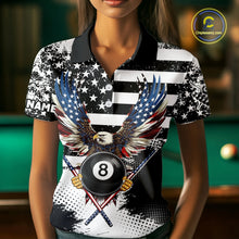 Load image into Gallery viewer, Custom Eagle American Flag 8 Ball Billiard Shirt For Women, Grunge Pool Team Jersey Polo &amp; 1/4 Zip TDM5718