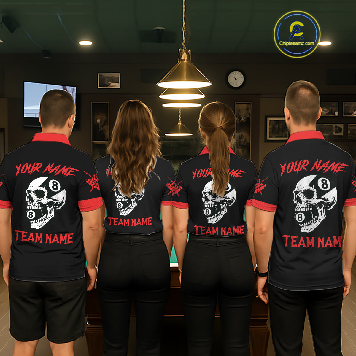 Personalized 8 Ball Pool Skull Argyle Pattern Men's Billiard Shirts, Billiard Team Jersey |Red TDM5719