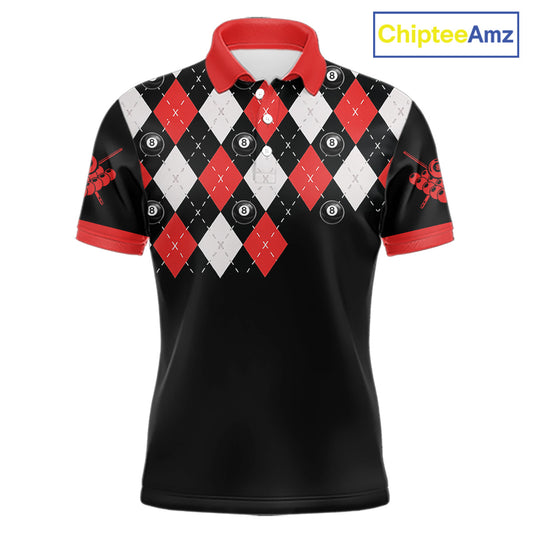 Personalized 8 Ball Pool Skull Argyle Pattern Men's Billiard Shirts, Billiard Team Jersey |Red TDM5719