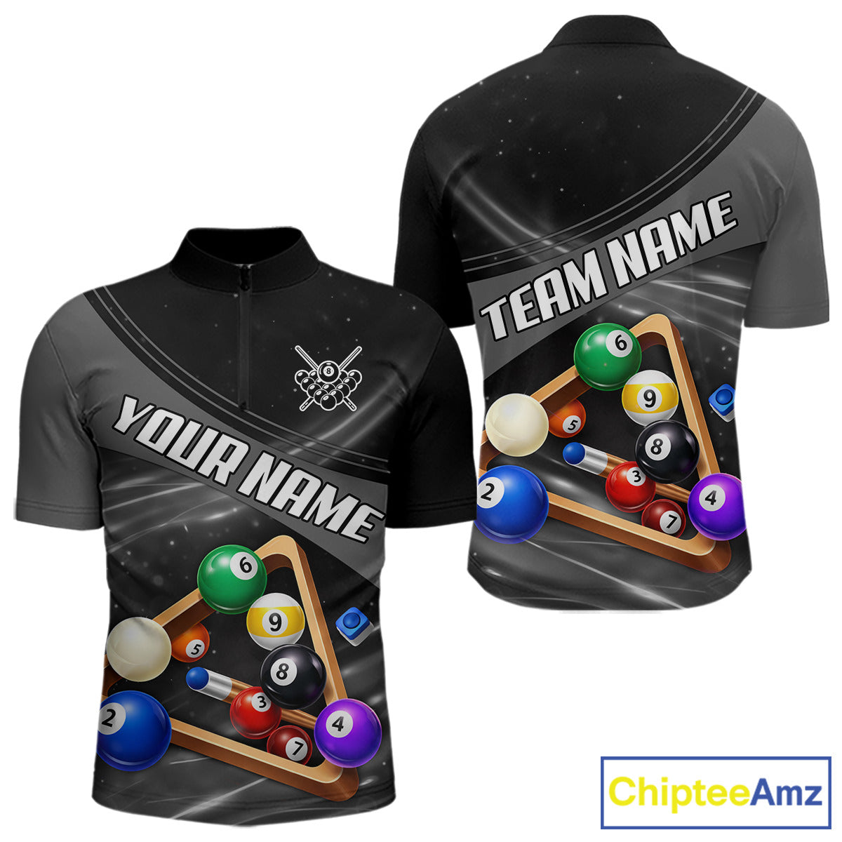 Grey And Black Billiard Jersey For Men Custom Pool Balls Billiard Team Shirt Polo & 1/4 Zip TDM6330