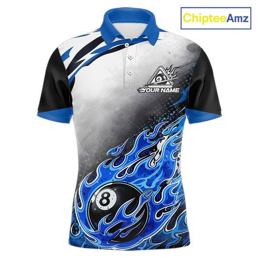 Blue Flaming 8 Ball Billiard Jersey Custom Men's Billiard Polo & Quarter Zip, Pool Team Jersey TDM5725