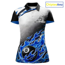 Load image into Gallery viewer, Blue Flaming 8 Ball Billiard Jersey Custom Women's Billiard Polo &amp; Quarter Zip, Pool Team Jersey TDM5725