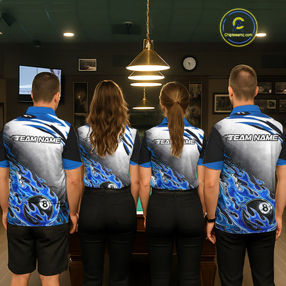 Blue Flaming 8 Ball Billiard Jersey Custom Men's Billiard Polo & Quarter Zip, Pool Team Jersey TDM5725