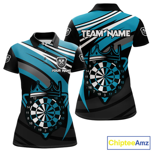Black & Turquoise Dartboard Crown Darts Shirt For Women Custom Darts Jersey Team Polo & 1/4 Zip TDM4795
