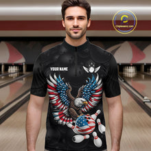 Load image into Gallery viewer, Personalized American Flag Eagle Bowling Polo &amp; 1/4 Zip For Men, Patriotic Bowling Team Jersey TDM6098
