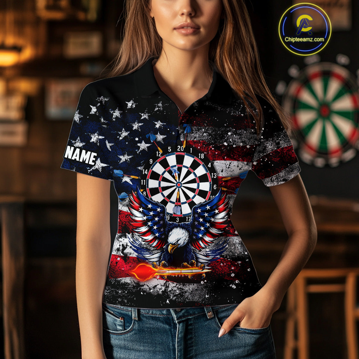Personalized Dartboard Eagle American Flag Darts Shirt For Women, Patriotic Darts Team Jersey TDM5225