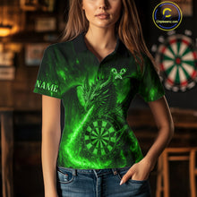 Load image into Gallery viewer, Green Flaming Dragon Darts Jersey For Women Custom Polo &amp; Quarter Zip Darts League Team Shirt TDM5489
