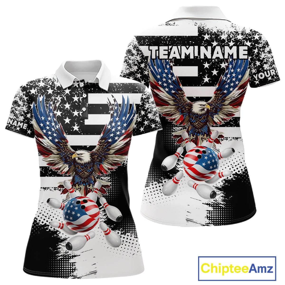 Custom Bowling Shirts For Women, Grunge Eagle American Flag Bowling Jersey Team Polo & 1/4 Zip TDM6545
