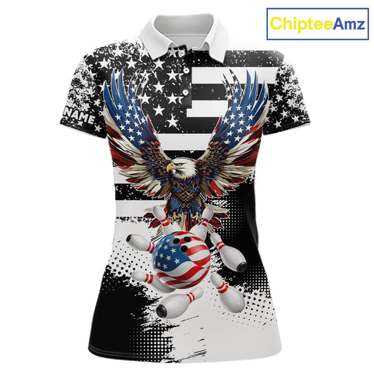 Custom Bowling Shirts For Women, Grunge Eagle American Flag Bowling Jersey Team Polo & 1/4 Zip TDM6545