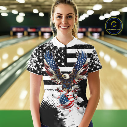 Custom Bowling Shirts For Women, Grunge Eagle American Flag Bowling Jersey Team Polo & 1/4 Zip TDM6545