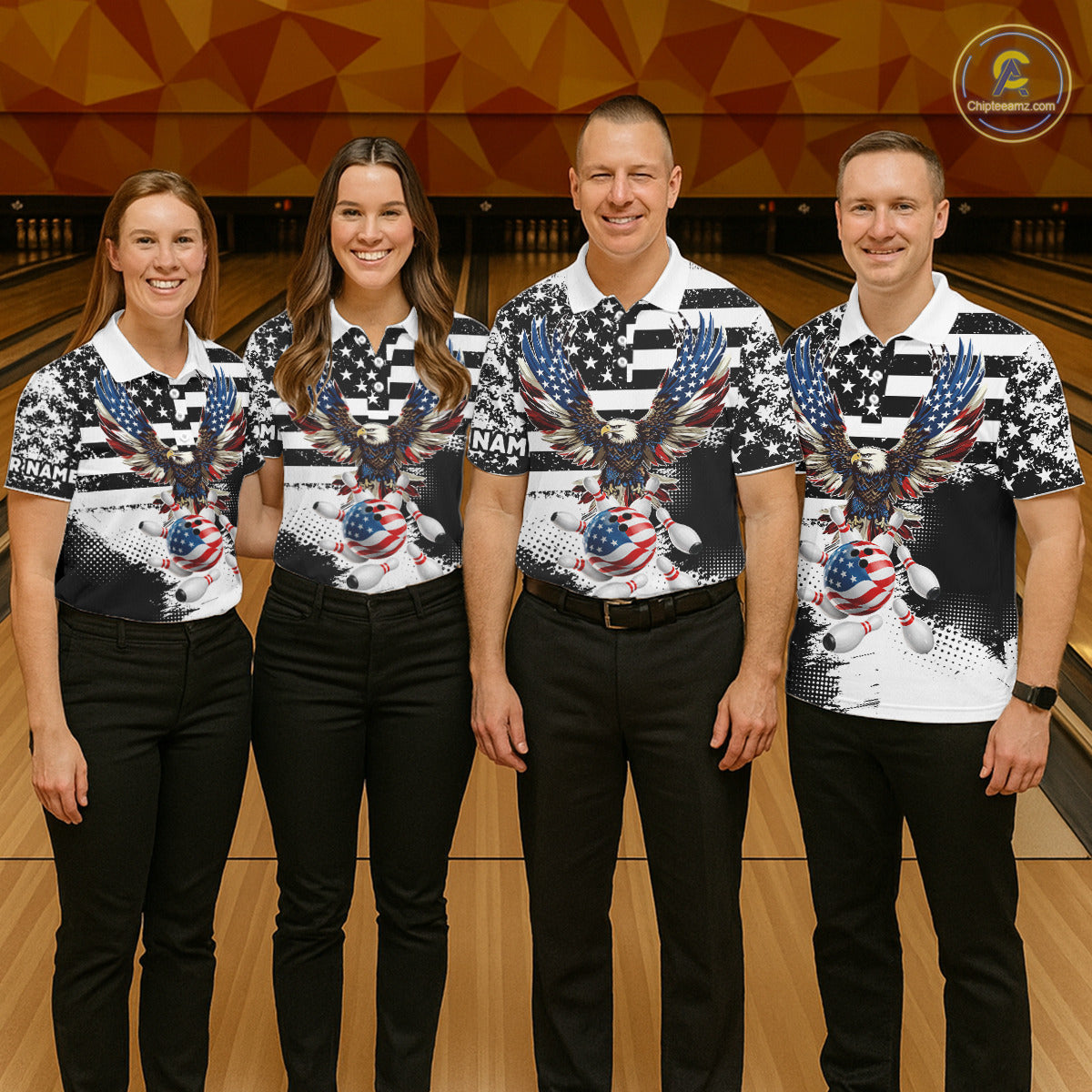 Custom Bowling Shirts For Men, Grunge Eagle American Flag Bowling Jersey Team Polo & 1/4 Zip TDM6545