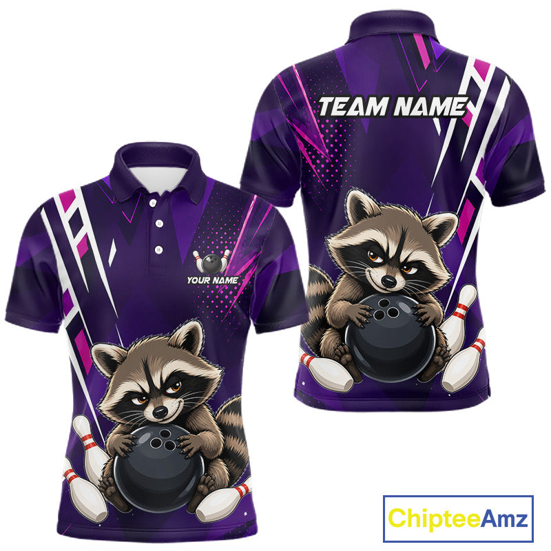 Custom purple funny raccoon bowling team jersey polo shirt for men featuring a playful raccoon bowling design, premium custom bowling team apparel and unique gift for bowlers.