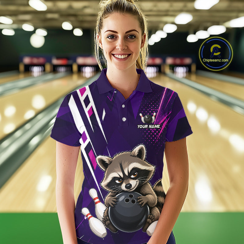 Woman wearing custom purple funny raccoon bowling team jersey polo shirt featuring funny raccoon artwork, front view.