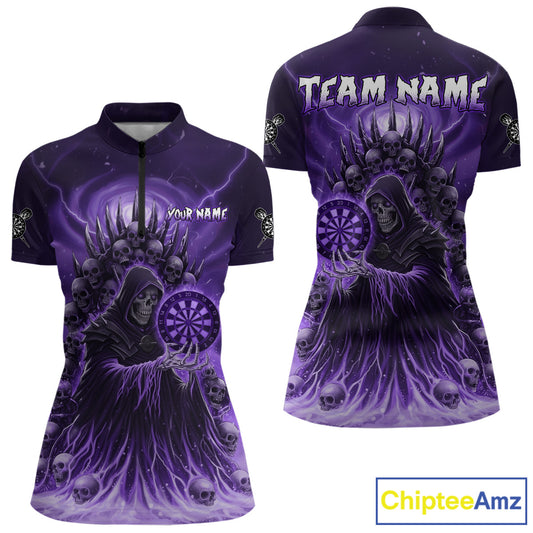 Personalized Purple Grim Reaper Darts Jersey For Women Custom Skull Darts Team Polo & Quarter Zip  TDM5059