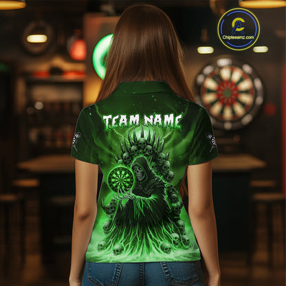 Personalized Green Grim Reaper Darts Jersey For Women Custom Skull Darts Team Polo & Quarter Zip  TDM5060