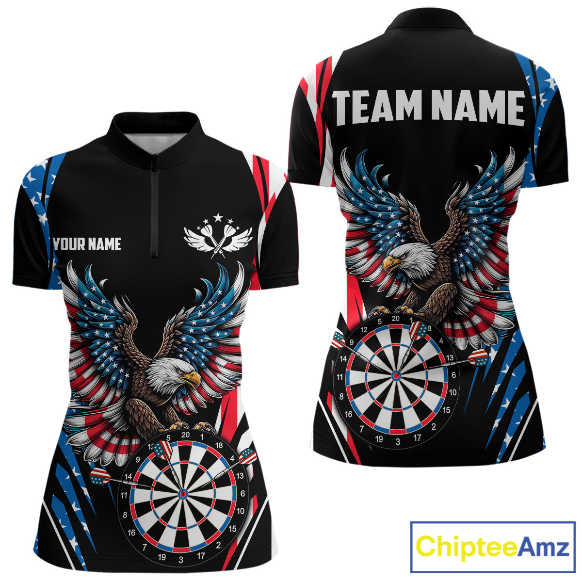 Personalized American Flag Eagle Patriotic Darts Shirt For Women Custom Darts Jersey Polo & 1/4 Zip TDM4859