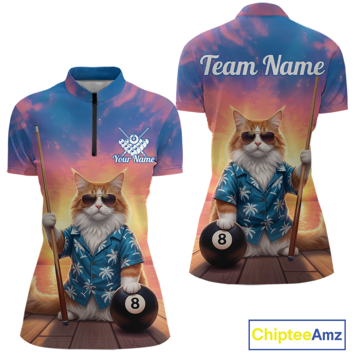 Personalized Funny Cat Sunset Billiard Shirt For Women Custom 8 Ball Pool Team Jersey Polo & 1/4 Zip TDM6414