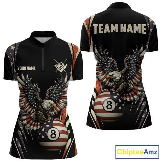 Personalized Vintage American Flag Eagle Billiard Shirt For Women, Patriotic 8 Ball Pool Team Jersey TDM5313